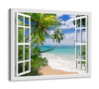 Woxfcart Image sur toile de plage - Fausse fenêtre ouverte - Paysage naturel - Bleu sarcelle - 50 x 40 cm