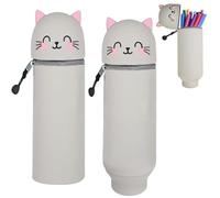 WOXFUWOXFU Trousse d'École 2 en 1 en Silicone Souple avec Motif Chat - Porte-stylos de Bureau avec Fermeture Éclair pour Crayons, Feutres et Fournitures, Idéal pour Enfants (H 19 cm)