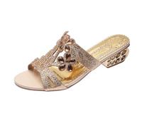 WOXIHUAN Sandales Bohême Strass Été Femme Mode Claquette Sandales à Talon Moyen Claquettes Évidé Pantoufles à Bout Ouvert Chaussons Tendances Pantoufles Chic Mariage Confort Antidérapant Fête Soirée