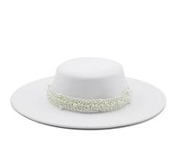 WOYUANSHA Chapeaux Western Chapeaux Fedora À Dessus Plat Blanc avec Chaîne De Perles pour Femmes Chapeau De Canotier À Grand Bord pour Fête De Mariage 56 À 58Cm Blanc