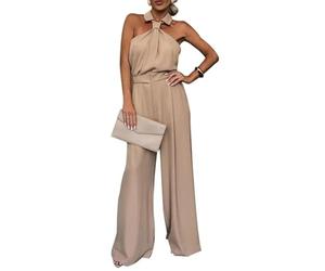 WOYUANSHA Combinaisons Et Combishorts Femmes Combinaison Revers Épaule sans Manches Bodys Taille Haute Jambe Large Couleur Unie Vacances Plage Combinaison L Camel