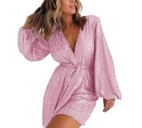 WOYUANSHA Combinaisons Et Combishorts Femmes Romper Deep V Neck Sequin Ceinture Serré Taille Romper Longue Lanterne Manches Au-Dessus du Genou Longueur Club Party Mini Romper M Rose