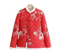 WOYUANSHA Doudounes Vestes Coat Femmes Coton-Rembourré Veste Style Chinois Disque Boutons Fleur Motif Manteau Épaissie Doublure Outwear 3XL Rouge