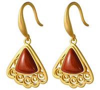 WOZUIMEI Boucle D'Oreille de Style Chinois S925 Argent Sterling Doré Artisanat Agate Rouge en Forme D'Éventail Motif Creux Boucles D'Oreilles Femmes Élégantes Boucles D'Oreilles de Mode SimplesBoucle