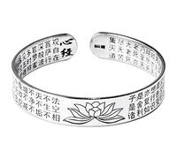 WOZUIMEI Bracelet Vintage de Style Chinois S999 Bracelet de Lotus en Argent Largeur de L'Écriture Bracelet Unisexe Ouverture Bouddhiste Bracelet Brillant RéglableJonc large Lotus Scripture