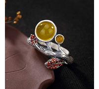 WOZUIMEI Style Chinois Bague Bijoux S990 Bague en Argent Pur Jaune Calcédoine Rouge Corindon Vintage Branche de Feuille Coréenne Bague en Argent Pur Bague Femme Ouvertecalcédoine jaune