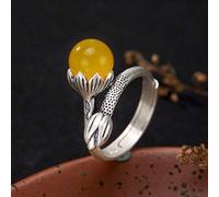 WOZUIMEI Style Chinois Bague Bijoux S990 Bague en Argent Pur Rétro Mosaïque Calcédoine Agate Grenade Rouge Rond Perle Lotus Femelle Anneau Ouvertcalcédoine jaune