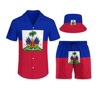 Wpamlrta Ensemble 2 pièces pour homme avec chemise hawaïenne et short - Drapeau de la Barbade - Tenue de vacances décontractée avec chapeau cloche - Taille 3XL, Style 1, XL