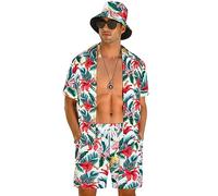 Wpamlrta Ensemble hawaïen à fleurs pour homme avec chemise à manches courtes et short avec chapeau cloche, Pat_ Blanc et fleur (avec chapeau), L