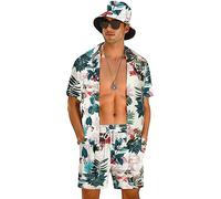 Wpamlrta Ensemble hawaïen à fleurs pour homme avec chemise à manches courtes et short avec chapeau cloche, Pat_ Blanc et feuille (avec chapeau), M