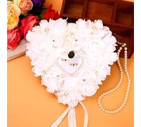 WPKD BLUEIY Coussin Alliance Mariage,Coussin pour Alliances en Forme de Cœur,Ruban Perle Fleur en Mousse,pour Cérémonie Mariage(19x18,5cm,Blanc)