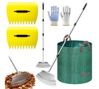 WPPQWP Lot de 4 râteaux à feuilles en métal avec manche réglable | Avec 2 ramasse-feuilles de 120 l, gants, balai à feuilles, râteau de 49 cm de largeur de travail pour pelouse et jardin