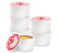 WPPQWP Lot de 6 ramequins en céramique pour crème brûlée, Ø9cm 220ml, avec couvercle, résistants au four, pour pudding, desserts, mini plat à gratin, blanc, pour la cuisine (Blanc - Ø9cm - Lot de 6)