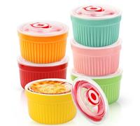 WPPQWP Lot de 6 ramequins en céramique pour crème brûlée, Ø9cm 220ml, moules à soufflé avec couvercle, résistants au four, ramequins pour pudding, coupes à dessert, mini plat à gratin coloré, pour la