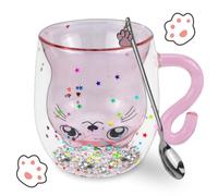 WPPQWP Verres à double paroi Tasses de Chat, 300ml Cat Mug, Tasses sucrées avec cuillère, cadeau pour les amoureux des chats/dames/enfants, avec paillettes, tasse à café, cadeau d'anniversaire (Rose