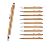 WPRO Bamboo Lot de 10 stylos à bille en bambou rouge - Stylos durables à encre bleue avec mine interchangeable et fonction tactile pour smartphones