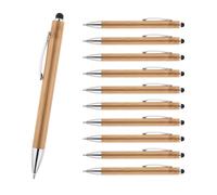 WPRO Lot de 10 stylos à bille en bambou avec stylo tactile - Stylos durables en bleu avec mine interchangeable - Kit d'écriture respectueux de l'environnement pour le bureau, l'école et les événements