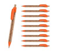 WPRO Lot de 10 stylos à bille en liège, bois et plastique - Kai orange - Rétractables - Clip et pointe de couleur - Recharge bleue - Pour bureau, école, déplacement - Durable
