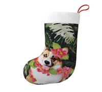 WPUTY Lot de 2 bas de Noël imprimés fleurs tropicales et corgi - Sacs à friandises - Décorations de Noël - Cadeaux pour sapin de Noël - Décoration de fête de famille