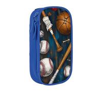 WPUTY Trousse à crayons de grande capacité avec imprimé de baseball, basket-ball, football, hockey - Noir - Double couche - Trousse de maquillage pour étudiants, enseignants, adultes, bleu, Taille