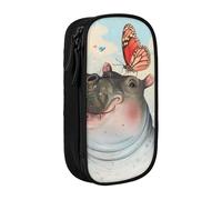 WPUTY Trousse à crayons de grande capacité avec imprimé papillon et hippopotame noire double couche pour étudiants, enseignants, adultes, Noir , Taille unique, Cartable