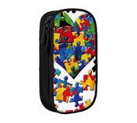 WPUTY Trousse à crayons de grande capacité pour la sensibilisation à l'autisme, pièces de puzzle, cœur imprimé, trousse noire double couche, trousse de maquillage pour étudiants, enseignants, adultes,