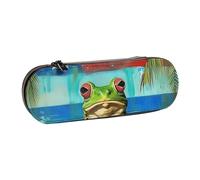 WPUTY Trousse à crayons rigide en cuir synthétique - Illusion d'optique en spirale - Étanche - Pour l'école, les voyages, les cosmétiques et les cadeaux, Puerto Rico Drapeau grenouille palmiers