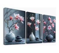 WQBQKKX 3 PièCes Tableau Cuisine Fleurs minimalistes Tableau Toile décoration Murale,Rose, gris Murale Peintures DéCoration Pour Salon Chambre Bain- 30x45cmx3 Encadrée