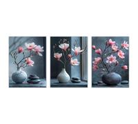 WQBQKKX Lot De 3 Tableau Deco Cuisine Fleurs minimalistes Affiche Moderne Toile Tableau,Rose, gris Tableau Salle Bain Pour Cuisine Salle Manger DéCoratif- 20x30cmx3 Sans cadre