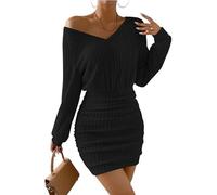 WQCMH Dresses Women's Autumn Winter Knitted Sweater Mini Dress Female Casual Wrap V-Neck Long Sleeve Warm Bodycon Short Dresses Robe(Black,M)