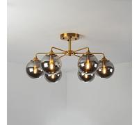 WQHPLMD 6-Light Milk Glass Globe Ceiling Light Decoration Home Flush Mount Smoke Grey Mid Century Ceiling Light Gold Chandelier Amber Bubble Sputnik Lamp for Living Room Kitchen Bedroom