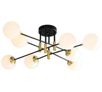 WQHPLMD 6-Lights Milk Glass Sputnik Chandeliers Metal Ceiling Light Black Gold Mid Century Close to Ceiling Light Bubble Lamp for Bedroom Farmhouse Dining Room Kitchen Living Room