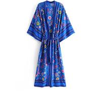 WQHPLMD Blue Floral Print Sashes Bohemian Kimono for Women V Neck Batwing Sleeves Beach Maxi Dress Boho Robe Cover-up (Color : White-Style, Size : L)