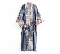 WQHPLMD Boho Vintage Floral Print Sashes Women Bohemian V Neck Batwing Sleeves Ladies Blouses Beach Robe Cover-up (Color : D, Size : L)