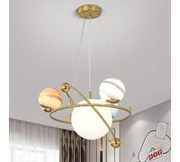 WQHPLMD Creative Planet Chandelier for Bedroom 7-Light Gold Glass Globes Pendant Light Large Round Ring Ceiling Hanging Astronaut Lamp for Boys Girls Bedroom Nursery Toys Room