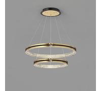 WQHPLMD Dimmable LED Chandelier 3 Ring Adjustable Pendent Lamp Black Gold Mid Century Hanging Crystals Round High Ceiling Light for Dining Room Entryway Kitchen Living Room Foyer