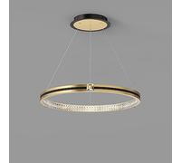 WQHPLMD Dimmable LED Chandelier 3 Ring Adjustable Pendent Lamp Black Gold Mid Century Hanging Crystals Round High Ceiling Light for Dining Room Entryway Kitchen Living Room Foyer