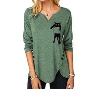 WQHPLMD Fashion V Neck Cute Pocket Cats Irregular Hem Women's T-Shirt Spring Autumn Loose Casual Hedging Green Long Sleeve