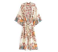 WQHPLMD Floral Print Long Kimono Shirt Women Lace Up Tie Bow Belt Long Cardigan Loose Top Holiday (Color : D, Size : S Code)