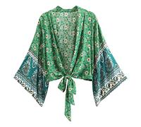 WQHPLMD Floral Print Wrap Tops Kimono Rayon Cotton Green Beach Cover Up Female Casual Vintage Bathing Suit Cover Ups (Color : D, Size : M)