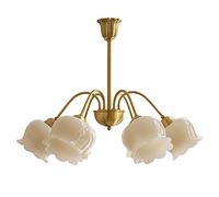 WQHPLMD Flower Chandelier for Gilrs Bedroom Antique Copper Milk White Ceiling Chandelier Light Fixture Nordic Petals Vintage Gold Pendant Lamp for Entry Foyer Living Room, Adjustable Pole