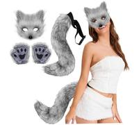 WQHPLMD Fox Costume Halloween Mask,Tail and Furry Paws Plush Mask Fluffy Paw Gloves and Tails for Women Dress up Party