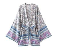 WQHPLMD Ladies Floral Print Beach Boho Kimono Dress Ladies V Neck Rayon Cotton Blouse (Color : D, Size : S Code)