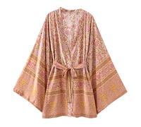 WQHPLMD Ladies Floral Print Beach Boho Kimono Dress Ladies V Neck Rayon Cotton Blouse (Color : D, Size : S Code)