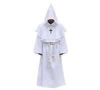 WQHPLMD Masquerade Halloween Cosplay Cloak Men's Men's Druid Cosplay Costume Médiéval Hooded Monk Renaissance Frar Prêtre Robe, White, L