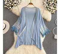 WQHPLMD Mid-Length Over-The-Knee Fringed White Cardigan Women's Loose Casual Thin Coat Beach Blouse (Color : A, Size : One Size)