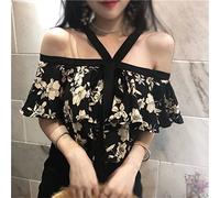 WQHPLMD One Word Shoulder Exposed Collarbone Print Sexy Halter Top Super Fairy Retro Floral Ruffled Chiffon Shirt Women