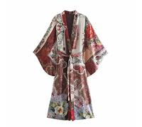 WQHPLMD Patchwork Long Ladies Kimono Printed Belt Long Sleeve Shirt Ladies Summer Beach Kimono Top (Color : D, Size : XS Code)