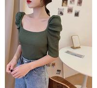 WQHPLMD Puff Sleeve Knitted Sweater Top Women's Short-Sleeved Summer Careful Machine Exposed Collarbone Square Collar Slim Short T-Shirt