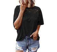WQHPLMD Summer Solid Color Lace Shirt Women's Fashion Round Neck Five-Point Sleeve Loose T-Shirt Top Women